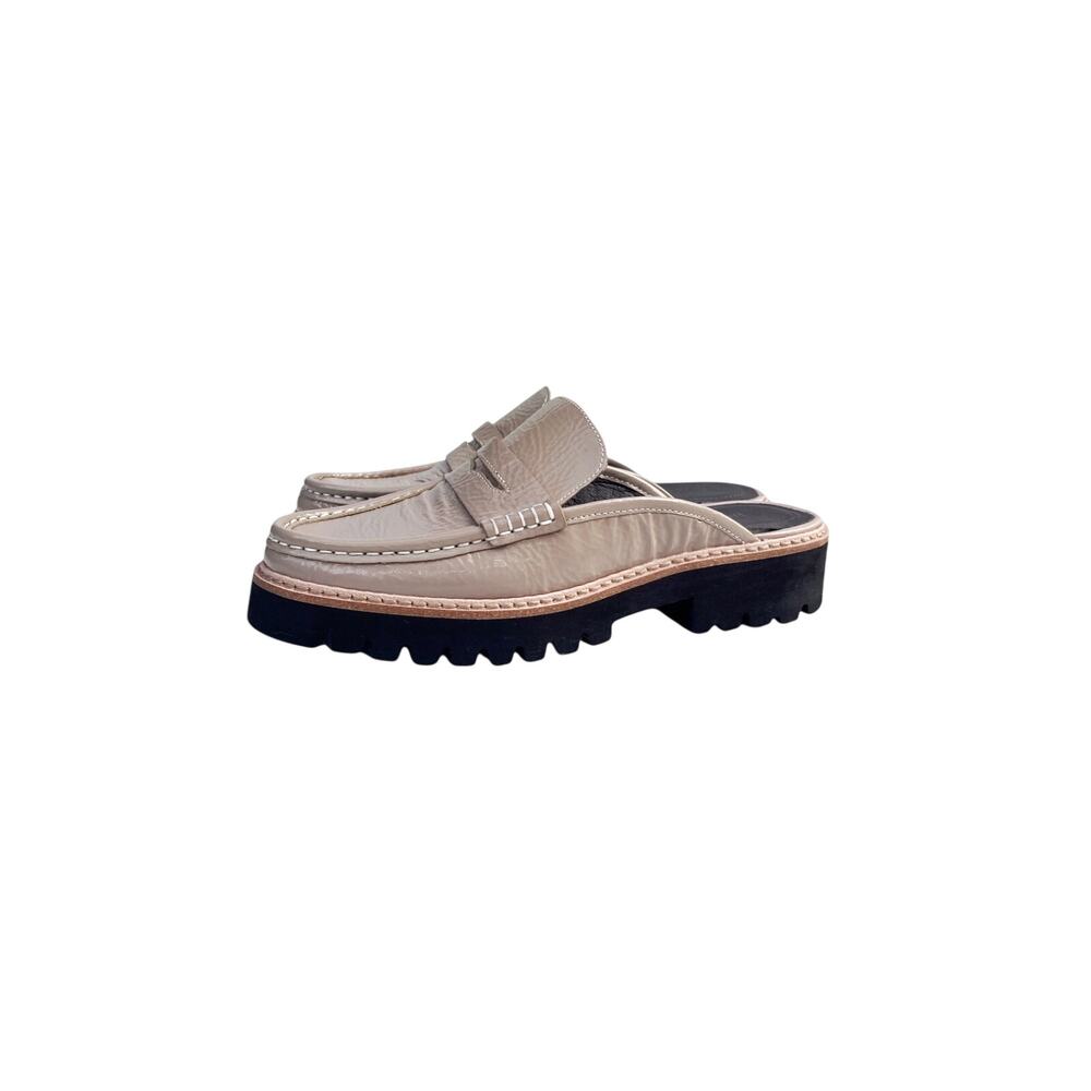 Donald J Pliner Hillie Taupe Patent Platform Mule Loafers Lug Sole Slip On Shoes